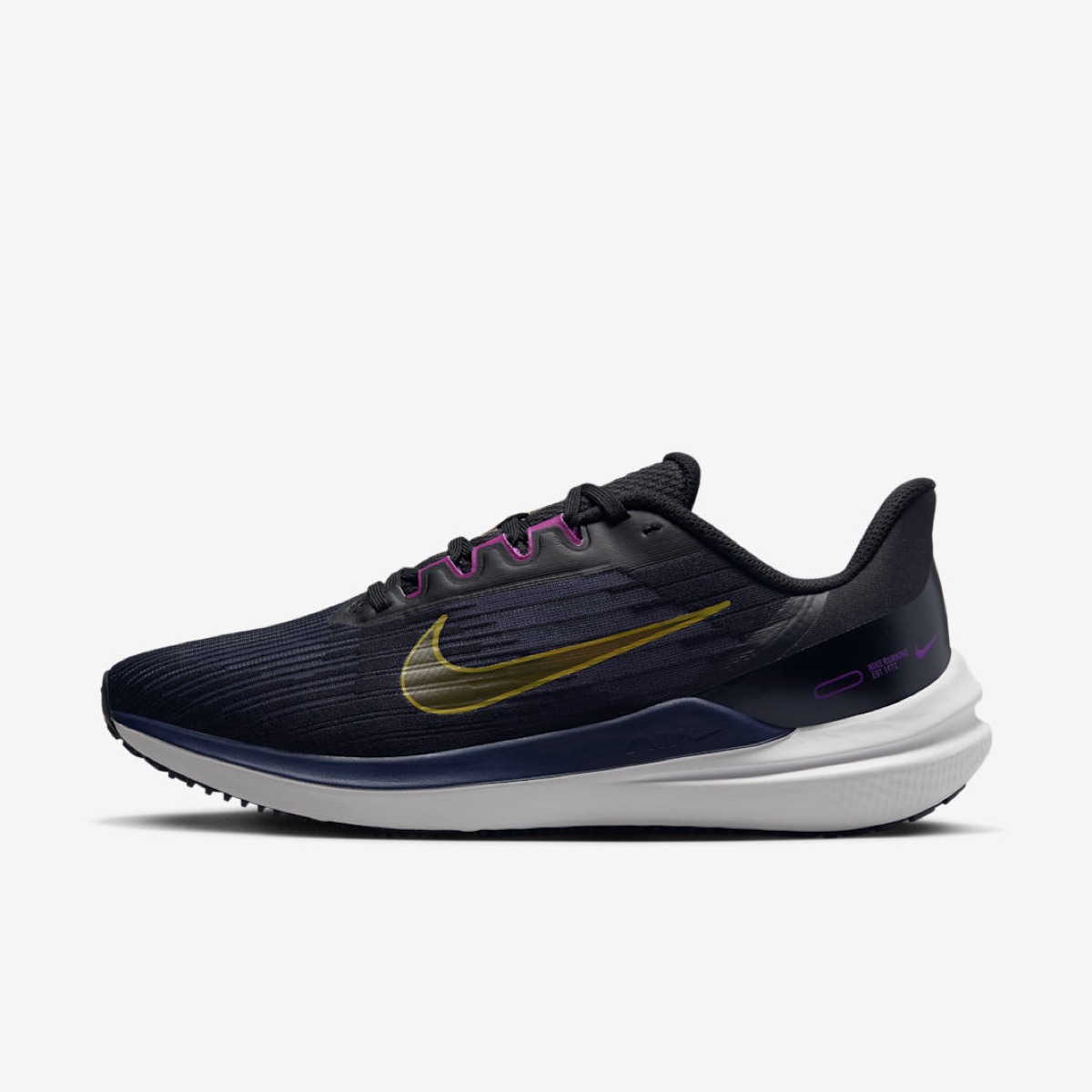 Nike Winflo 9 in Black / Blackened Blue / Cave Purple / Gold Suede